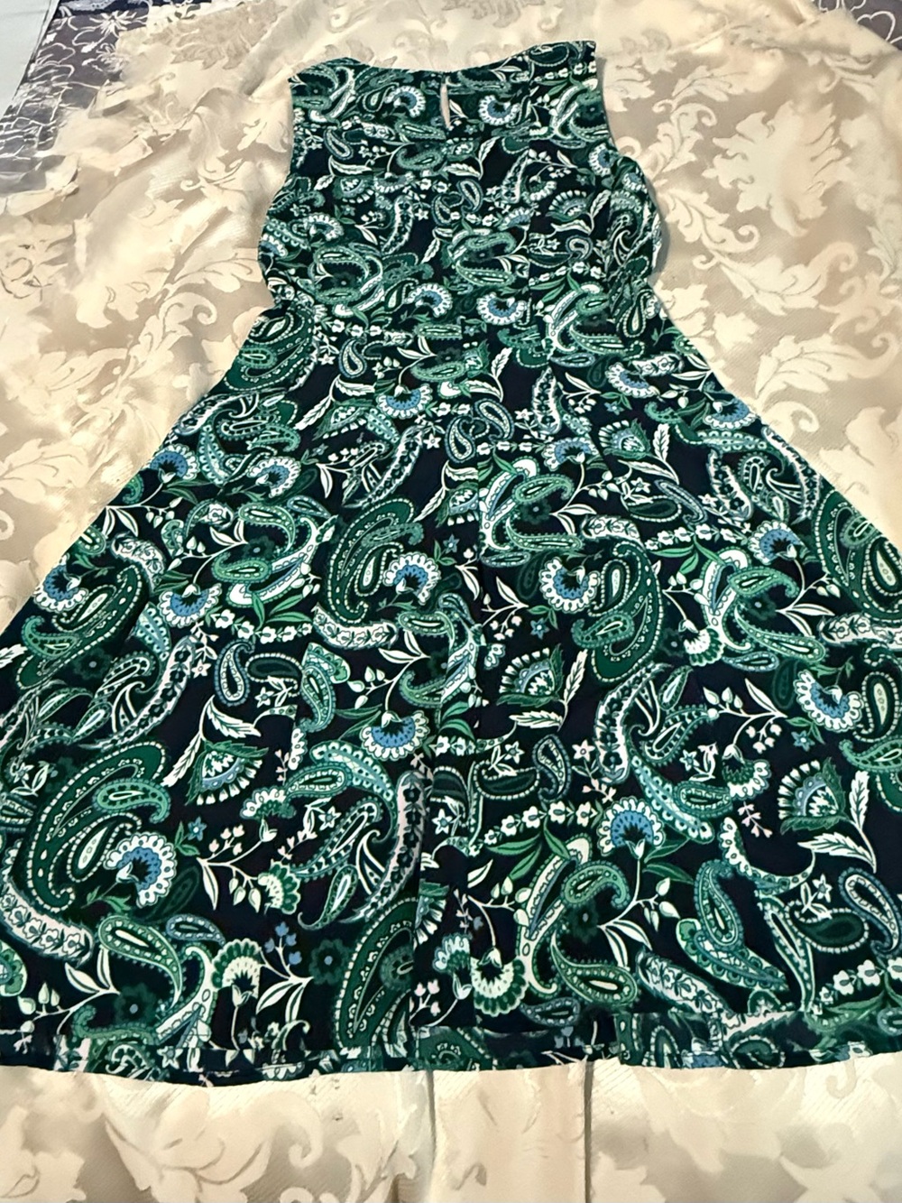 Tommy Hilfiger Paisley Fit & Flare Dress Size 0 Navy Green Sleeveless - Picture 5 of 13